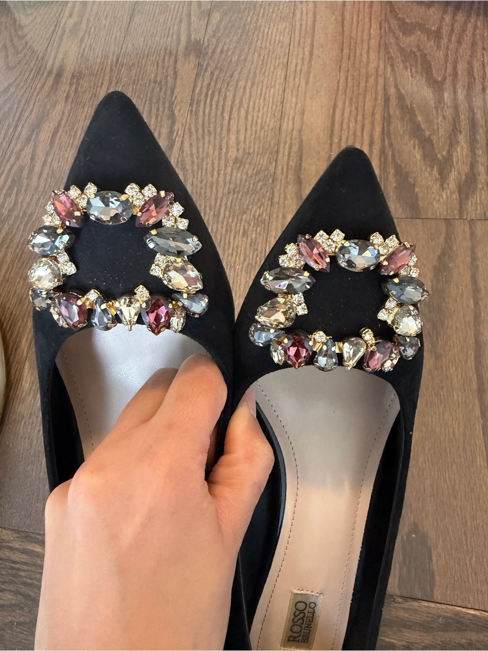 Rosso brunello Women’s Black Jeweled Pointed-Toe Flats